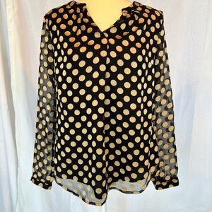 Talbots Black and Gold Polka Dot Blouse, Women's Size Small, Sheer, Loose Fit